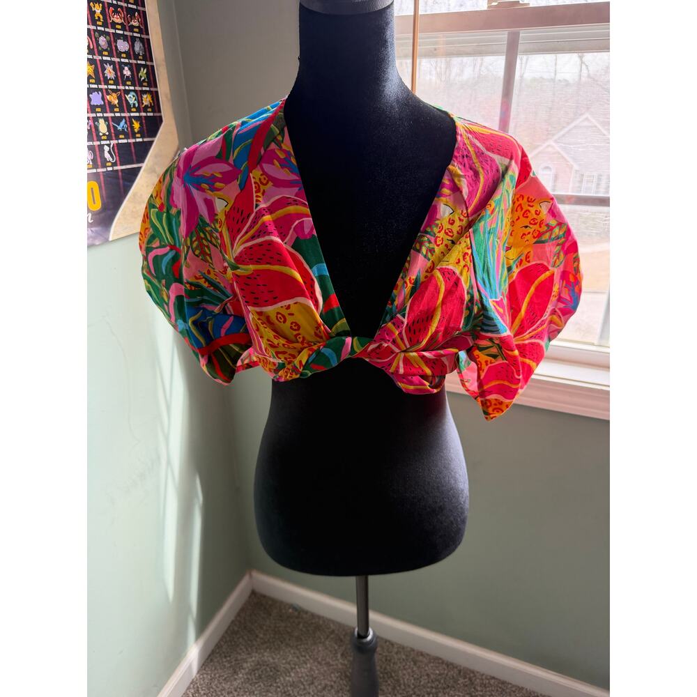 NWT SHEIN VCAY Puff Sleeve Tropical Wrap Crop Blouse Size S Pink Multicolor